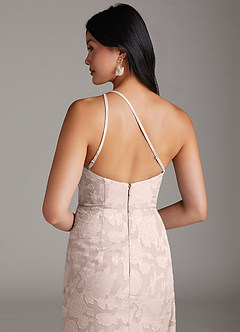 Azazie Mika Bridesmaid Dresses Blushing Pink Sheath One Shoulder Floral Burnout Dress image6