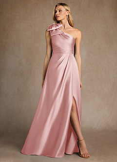 Azazie Easton Mère de la mariée Robes Robe Trapèze en Satin extensible Une épaule Rose Poudré image4