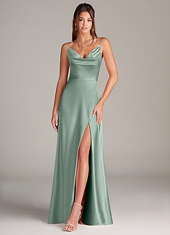 Azazie Sarella Bridesmaid Dresses Agave A-Line Pleated Stretch Satin Dress image1