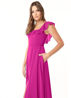 Azazie Jinny Brautjungfernkleider A-Linie Quadratischer Ausschnitt Gerüscht Chiffon Kleid Fuchsia image10