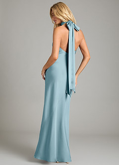 Azazie Velli Vestidos de damas de honor Vestido de Azul Malhumorado de Satén Elástico de Corte Sirena con Cuello Alto image5