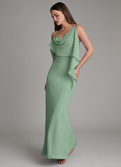 Azazie Yura Vestidos de damas de honor Vestido Matcha de Gasa de Corte Sirena con Hombros descubiertos image1