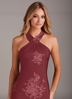 Azazie Doretta Bridesmaid Dresses Burgundy Floral Bouquet Mermaid Pleated Stretch Satin Dress image5