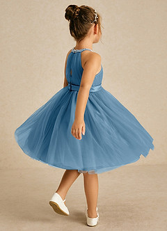 Azazie Honey Venta Final Vestido de Azul Acero de Satin Mate de Corte en A con Perla image4