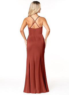 Azazie Marzia Vestidos de damas de honor Vestido de Terracota de Satén Elástico de Corte Recto con Cuello V Plisado image2