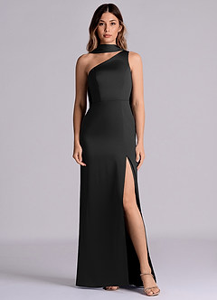 Azazie Philana Brautjungfernkleider A-Linie One-Shoulder Stretch-Satin Kleid Schwarz image1