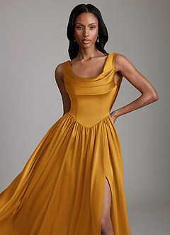 Azazie Novi Bridesmaid Dresses Butterscotch A-Line with Pockets Stretch Satin Dress image3