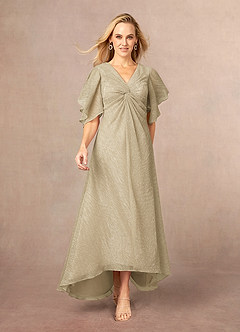 Azazie Mollina Mother of the Bride Dresses Champagne Gold A-Line Ruffle Flutter Sleeve Metallic Mesh Dress image1