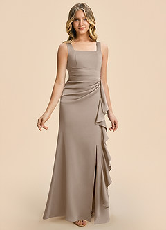Azazie Adrienne Junior Taupe Sheath Pleated Stretch Satin Dress image6