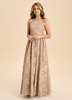 Azazie Arianthe Junior Abito A-Line in Floral Burnout Plissettato Champagne image3