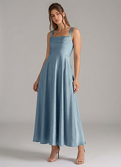 Azazie Shaude Bridesmaid Dresses Dusty Blue A-Line Pleated Stretch Satin Dress image4