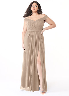 Azazie Audrianna Jurken voor bruidsmeisjes Converteerbaar Jurk van Chiffon met A-Lijn Off-the-shoulder verzameld Taupe image7