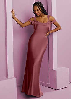 Barbie ♥ Azazie Robes de demoiselle d'honneur Robe Fourreau en Satin extensible Plissée Rose Du Désert image5