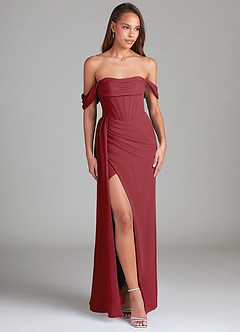 Azazie Amyra Bridesmaid Dresses Pomegranate Sheath Off the Shoulder Chiffon Convertible Dress image3