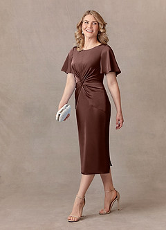 Azazie Everlyn Mother of the Bride Dresses Espresso Sheath Pleated Stretch Satin Dress image2