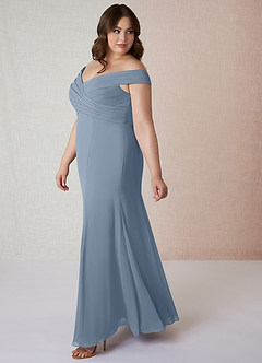 Azazie Lecia Bridesmaid Dresses Dusty Blue Empire Off-The-Shoulder Pleated Chiffon Convertible Dress image10