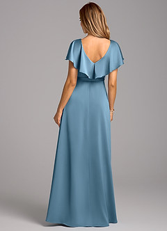 Azazie Lainey Bridesmaid Dresses Steel Blue A-Line with Pockets Stretch Satin Dress image2