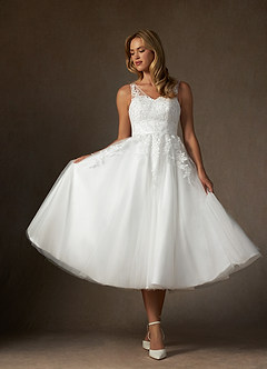 Azazie Dolores Wedding Dresses Diamond White A-Line V-Neck lace Satin Dress image3