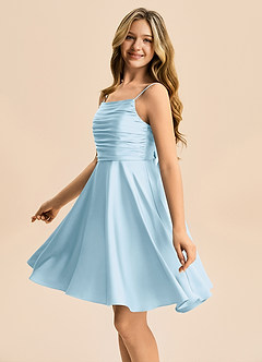 Azazie Miko Junior Sky Blue A-Line Pleated Stretch Satin Dress image7