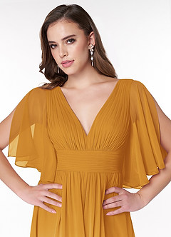 Azazie Temeka Brautjungfernkleider A-Linie Gestreift Chiffon Kleid Butterscotch image6