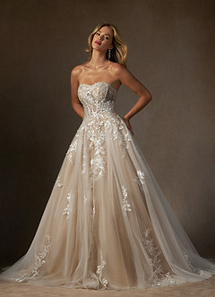Azazie Keri Wedding Dresses Diamond White Sand Ball-Gown Strapless Lace Dress image5