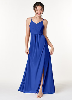 Azazie Luxy Junior Vestido de Azul Real de Malla con Plisado image1