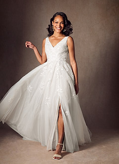 Azazie Joie Abiti da Sposa Abito A-Line in Tulle con Scollo a V e Paillettes Bianco Diamante image3