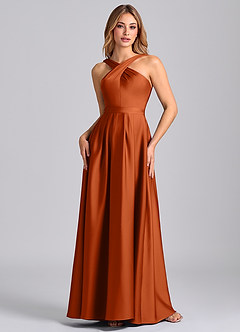 Azazie Dixie Bridesmaid Dresses Burnt Orange A-Line Pleated Stretch Satin Dress image4