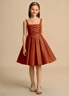 Azazie Jello Flower Girl Dresses Paprika Ball-Gown Pleated Matte Satin Dress image1