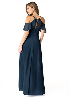 Azazie Dakota Vestidos de damas de honor Vestido Azul Marino Oscuro de Gasa de Línea A con Cuello en V plisado image2