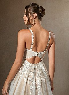 Azazie Devi Wedding Dresses Diamond White Nude A-Line V-Neck Lace Tulle Dress image7