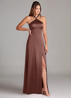 Azazie Elliana Bridesmaid Dresses Espresso A-Line Side Slit Stretch Satin Dress image3