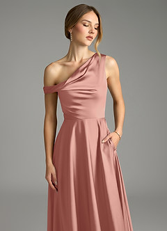 Azazie Xanthe Bridesmaid Dresses Rosette A-Line Off the Shoulder Stretch Satin Dress image5