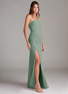 Azazie Eren Vestidos de damas de honor Vestido de Salvia Plateada de Gasa de Corte Recto con Hombro unilateral image4