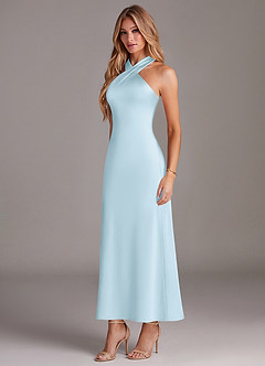 Azazie Doretta Vestidos de damas de honor Vestido de Azul Cielo de Satén Elástico de Corte Sirena con Plisado image4