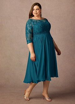 Azazie Marge At-home Try On Dresses Ink Blue A-Line Scoop Lace Chiffon Dress image10