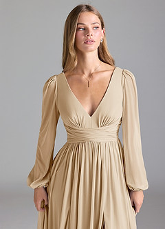 Azazie Norah Bridesmaid Dresses Champagne A-Line Mesh Dress image7