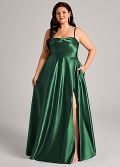 Azazie Elle Bridesmaid Dresses Dark Green A-Line with Pockets Metallic Satin Dress image1