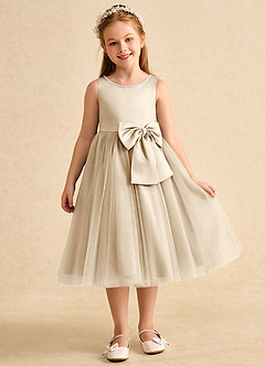 Azazie Twinsie Flower Girl Dresses Champagne A-Line Bow Tulle Dress image7