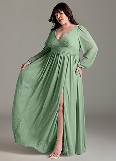 Azazie Norah Robes de demoiselle d'honneur Robe Trapèze en Mousseline de soie Col en V, manches longues Matcha image10