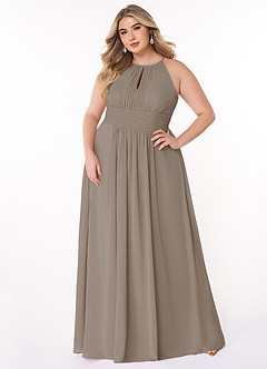 Azazie Bonnie Vestidos de damas de honor Vestido de Gris Pardo de Gasa de Corte en A con Cuello de pico fruncido image6