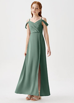 Azazie Ocean Junior Eucalyptus A-Line Off the Shoulder Stretch Satin Dress image5