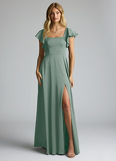 Azazie Bondi Bridesmaid Dresses Silver Sage A-Line Bow Stretch Satin Dress image5