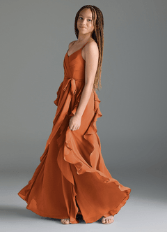 Azazie Peyton Junior Vestido Canela de Chiffon de Linha A com Plissado image4