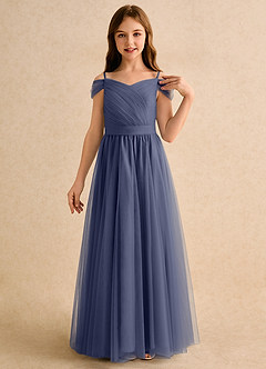 Azazie Yuna Girls Formal Robe Demoiselle D'honneur Fillette Robe Trapèze en Tulle Épaule décolletée Bleu Orageux image6
