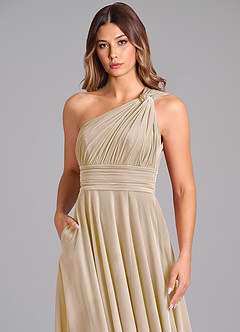 Azazie Charlize Bridesmaid Dresses Champagne A-Line One Shoulder Velvet Dress image6