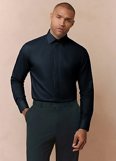 front Noah Navy Blue Performance Stretch Dress Shirt