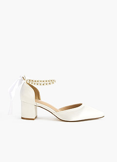 front Satin Pearl and Bow Pointed Toe Block Heels
