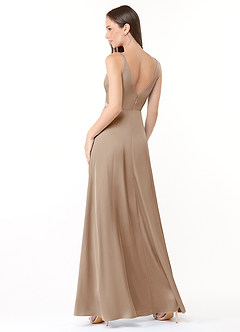 Azazie Dalilah Bridesmaid Dresses Taupe A-Line V-Neck Pleated Stretch Satin Dress image2