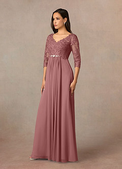 Azazie Hayek Mother of the Bride Dresses Desert Rose A-Line V-Neck Lace Chiffon Dress image2